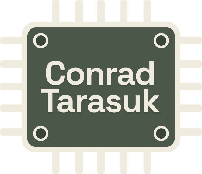 Logo for Conrad Tarasuk, with his name on an illustration of a graphic chip